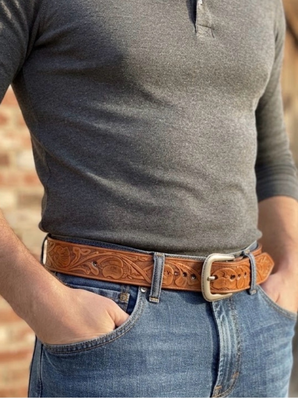 Vintage Hand Tooled Floral Leather Belt Western Boho Snaps Metal Buckle